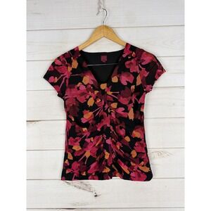212 Collection Blouse Womens XS Multicolor Floral V Neck Short Sleeve Lined Y2K